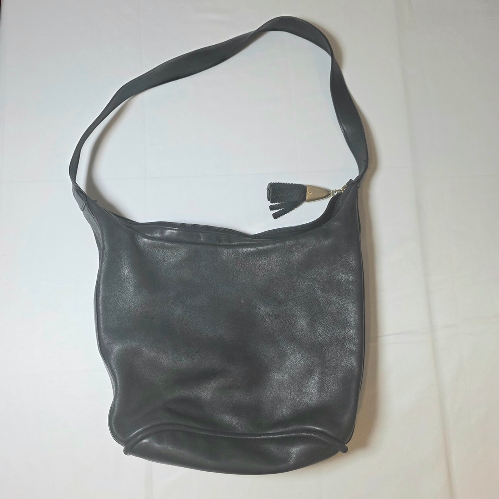 Vintage Anne Klein II Vintage Black Leather Hobo Shoulder Bag Tassel Zip Top